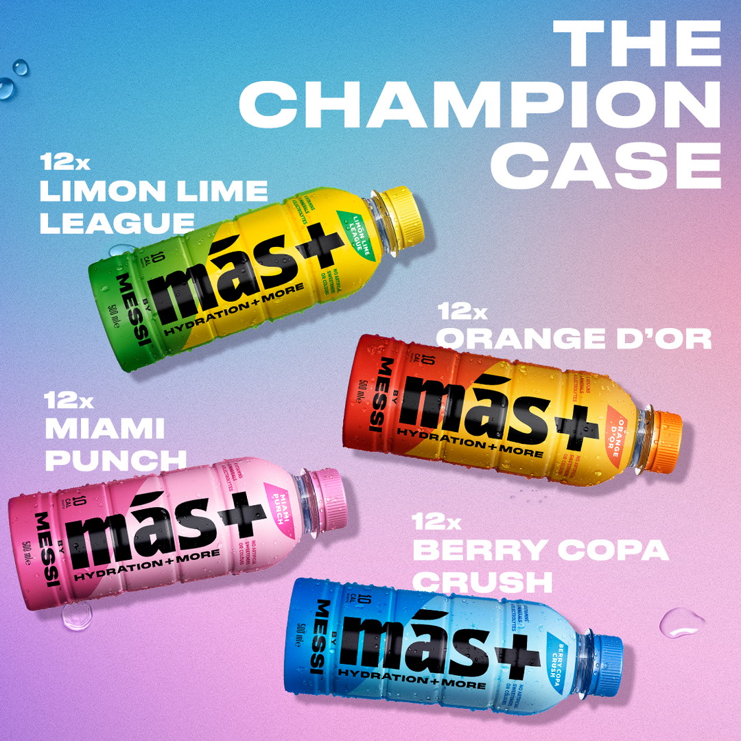 Promotional image of Mas+ drinks in various flavours with a colourful gradient background.