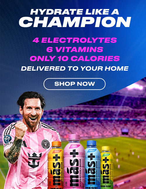 Advertisement featuring Leo Messi with Más+ by Messi hydration bottles on a stadium background.