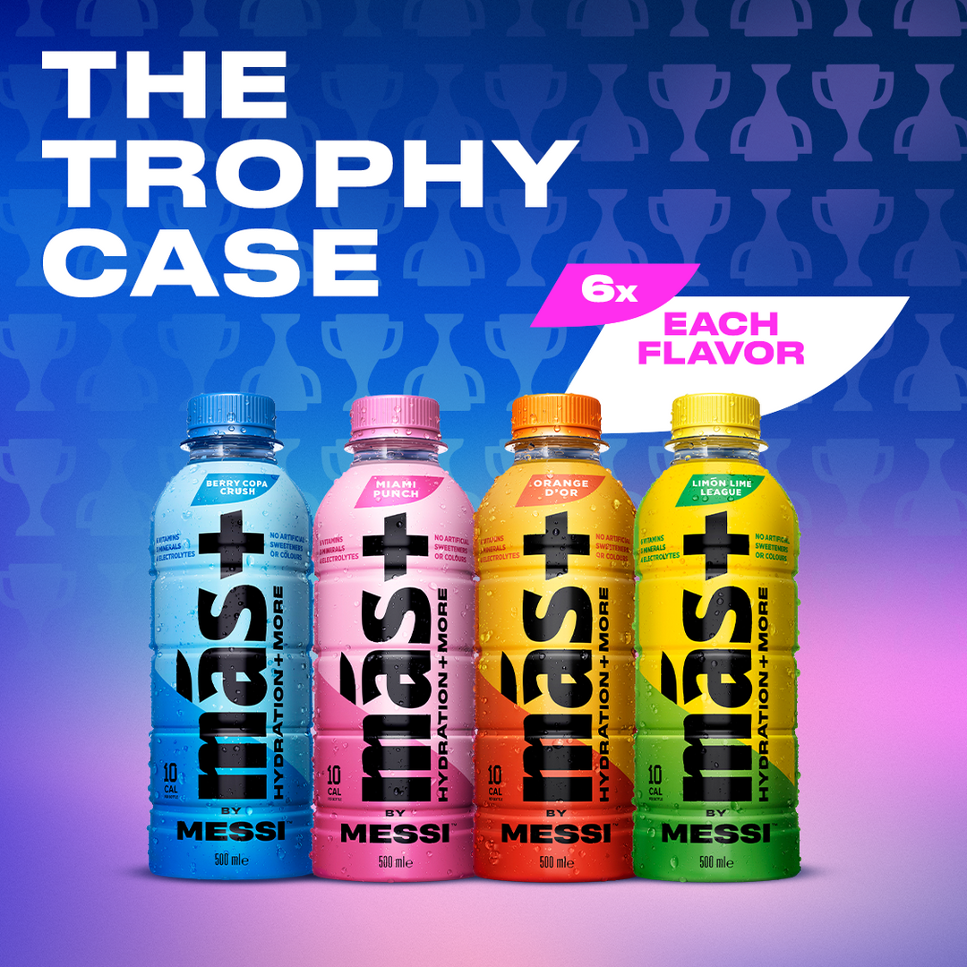 Four colourful bottles of Más+ by Messi on a blue and purple background with trophy graphics.